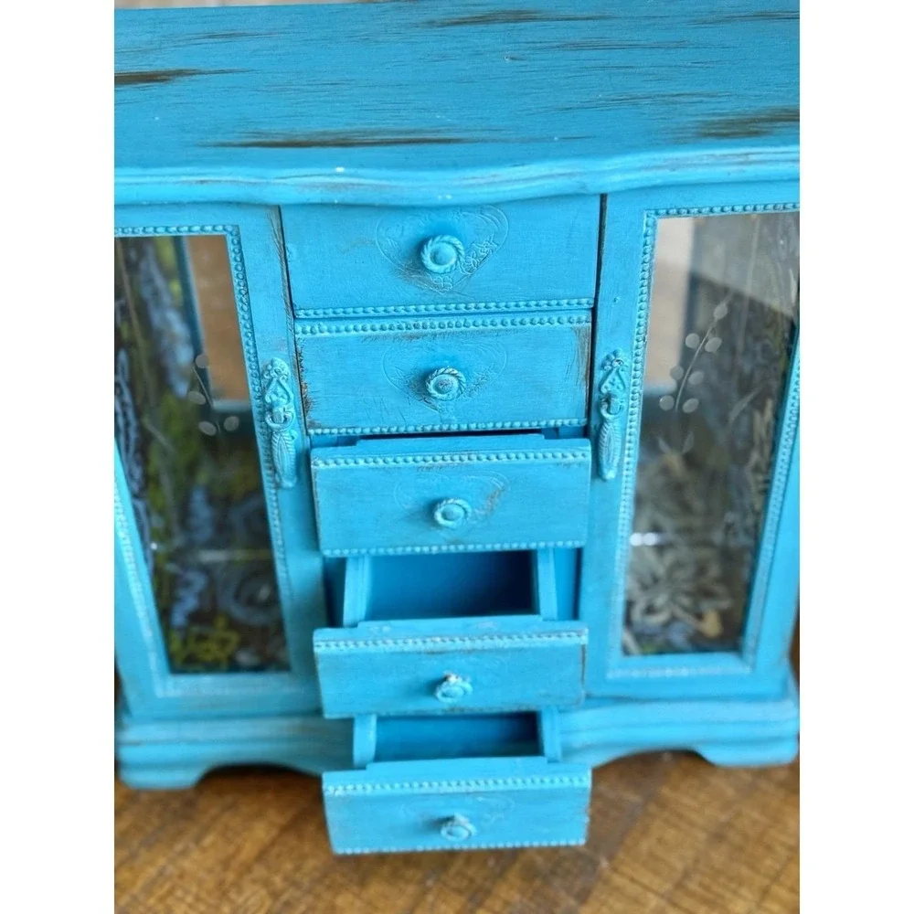 Upcycled Shabby Chic Turquoise Vintage Wood Jewelry Box Chest Armoire 5 Drawer